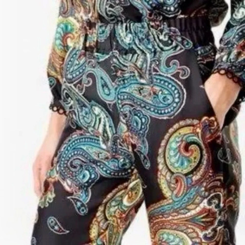 J. CREW 100% Silk Pull-On Pants Black Gold Blue Red Paisley w Pockets